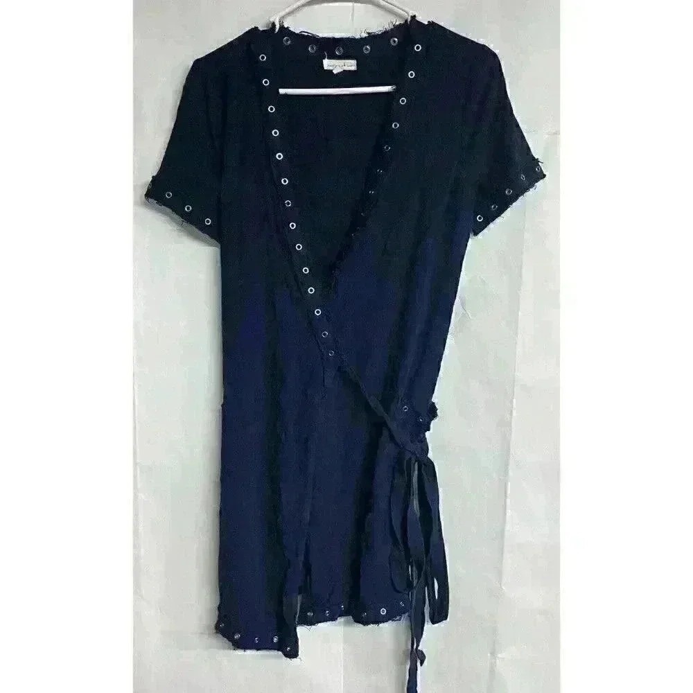 Current Air Anthropologie Linen V Neck Wrap Dress Blue Womens‎ Size Small
